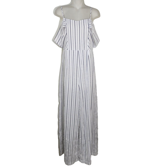 Plush Boutique Jumpsuit Med White Blue Striped Off Shoulder Spaghetti Strap Wide - Picture 1 of 10